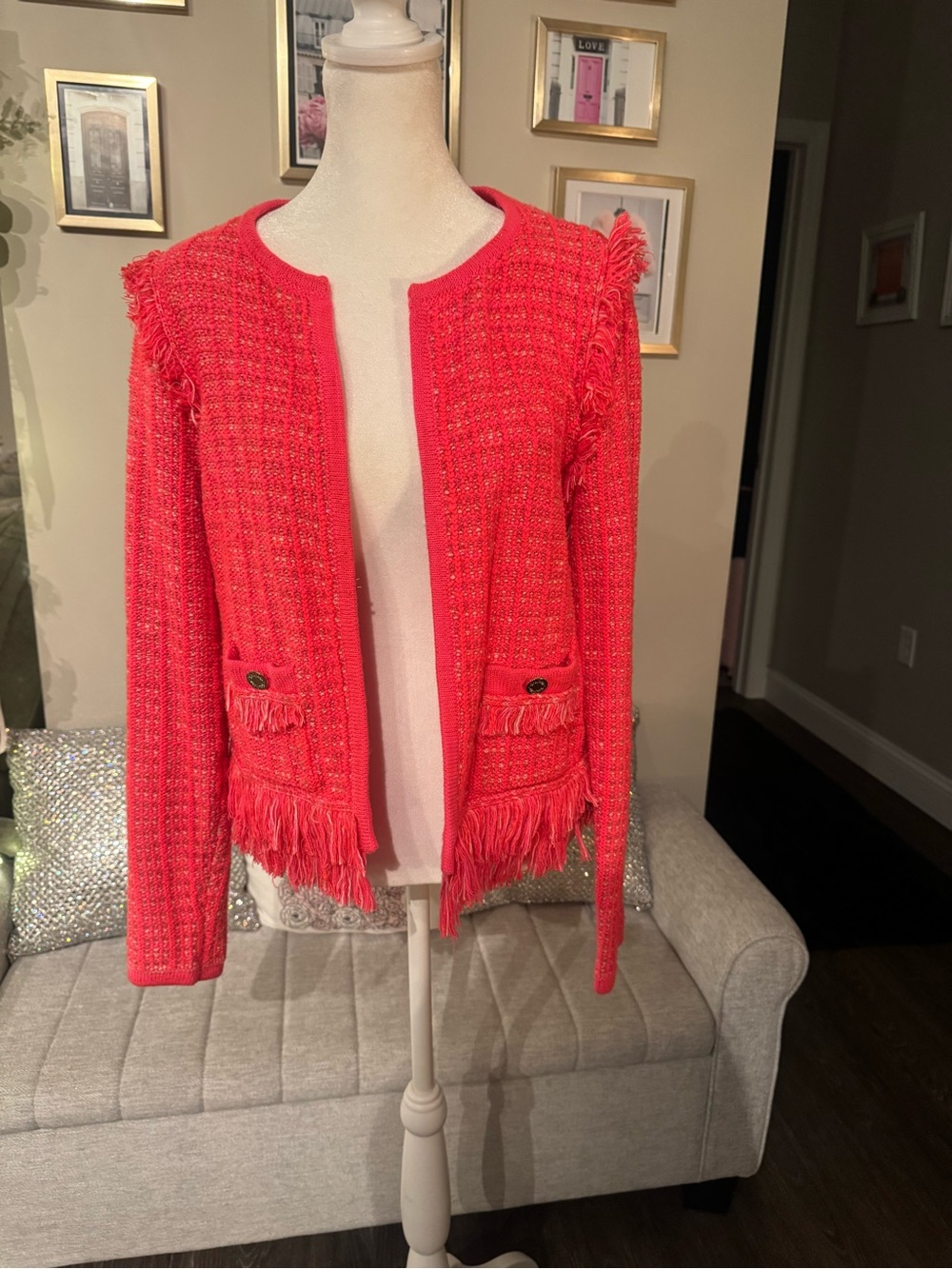 Lilly Pulitzer Coral-Red Fringe Tweed Style  Sweater